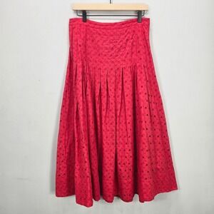 The GREAT Rhythm Midi Skirt 3 Large Red Eyelet Pleated A-Line Lined 100% Cotton